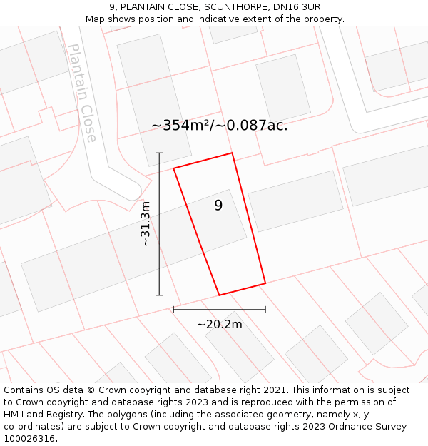 9, PLANTAIN CLOSE, SCUNTHORPE, DN16 3UR: Plot and title map