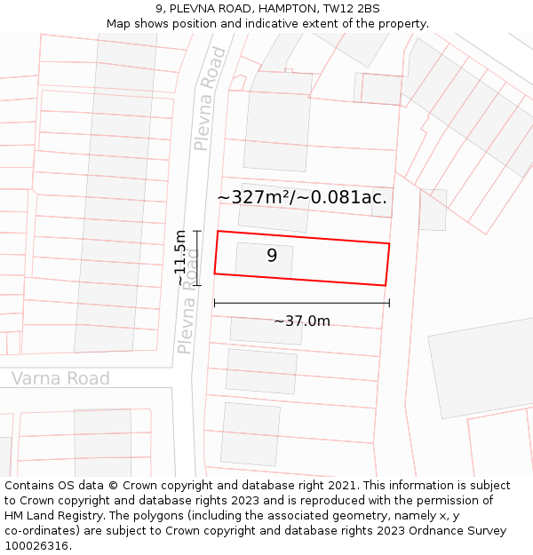 9, PLEVNA ROAD, HAMPTON, TW12 2BS: Plot and title map