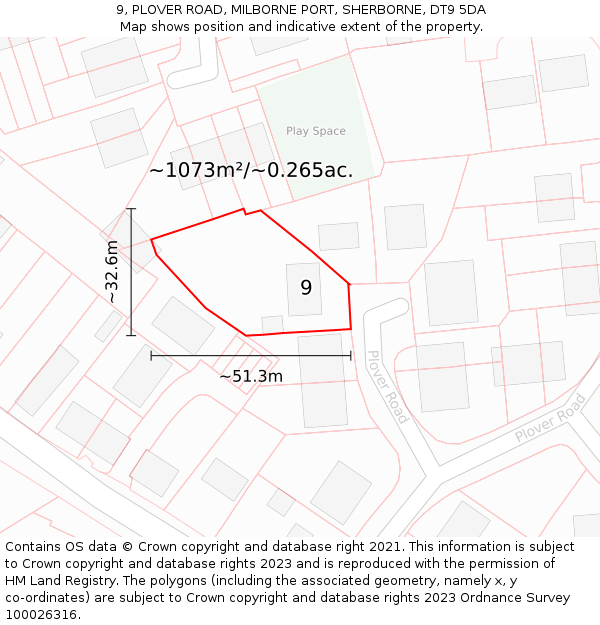 9, PLOVER ROAD, MILBORNE PORT, SHERBORNE, DT9 5DA: Plot and title map