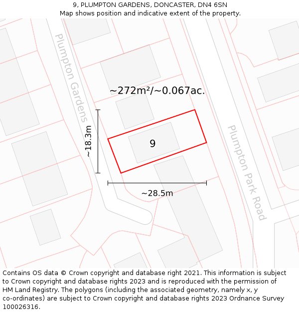 9, PLUMPTON GARDENS, DONCASTER, DN4 6SN: Plot and title map