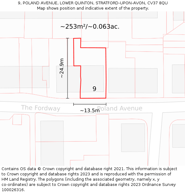 9, POLAND AVENUE, LOWER QUINTON, STRATFORD-UPON-AVON, CV37 8QU: Plot and title map