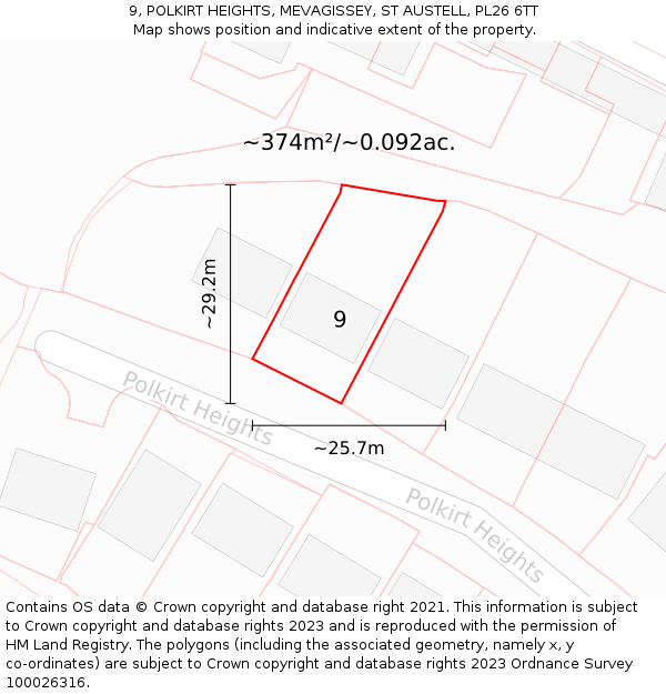 9, POLKIRT HEIGHTS, MEVAGISSEY, ST AUSTELL, PL26 6TT: Plot and title map