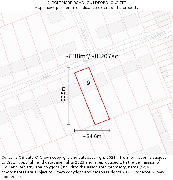 9, POLTIMORE ROAD, GUILDFORD, GU2 7PT: Plot and title map