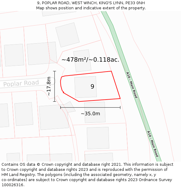 9, POPLAR ROAD, WEST WINCH, KING'S LYNN, PE33 0NH: Plot and title map