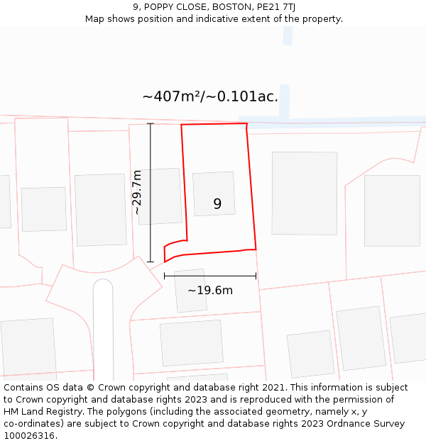 9, POPPY CLOSE, BOSTON, PE21 7TJ: Plot and title map