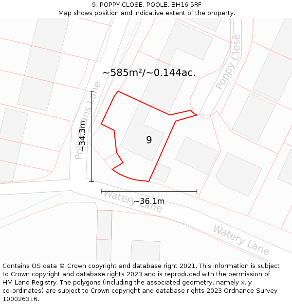 9, POPPY CLOSE, POOLE, BH16 5RF: Plot and title map