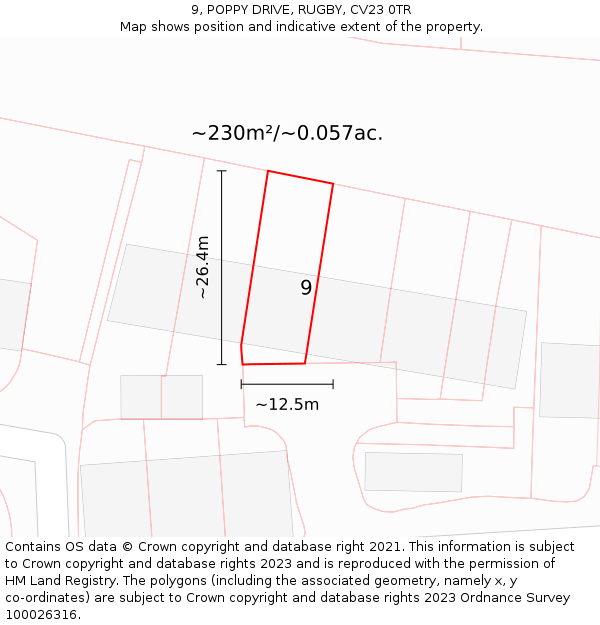 9, POPPY DRIVE, RUGBY, CV23 0TR: Plot and title map