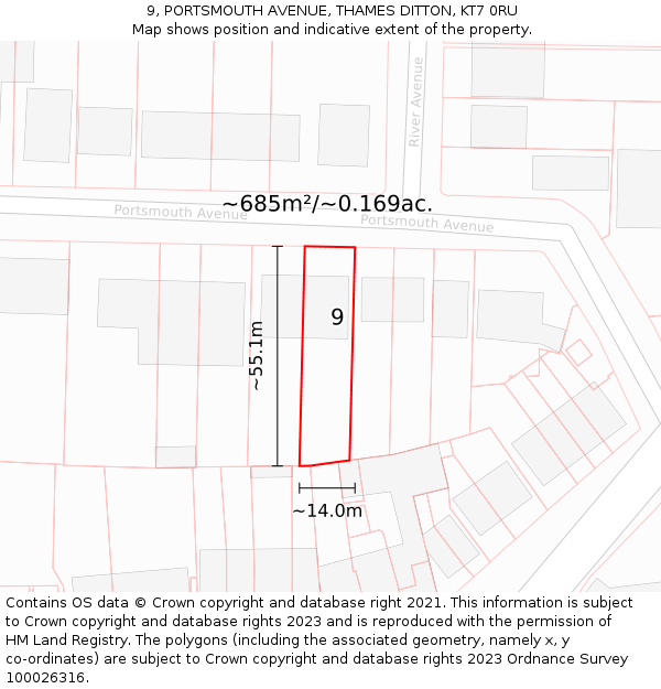 9, PORTSMOUTH AVENUE, THAMES DITTON, KT7 0RU: Plot and title map