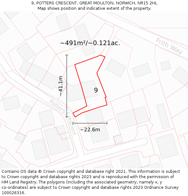 9, POTTERS CRESCENT, GREAT MOULTON, NORWICH, NR15 2HL: Plot and title map