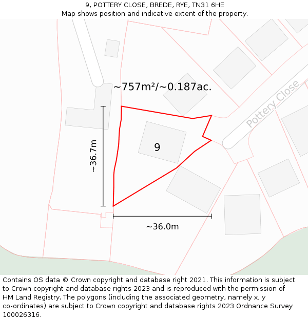 9, POTTERY CLOSE, BREDE, RYE, TN31 6HE: Plot and title map