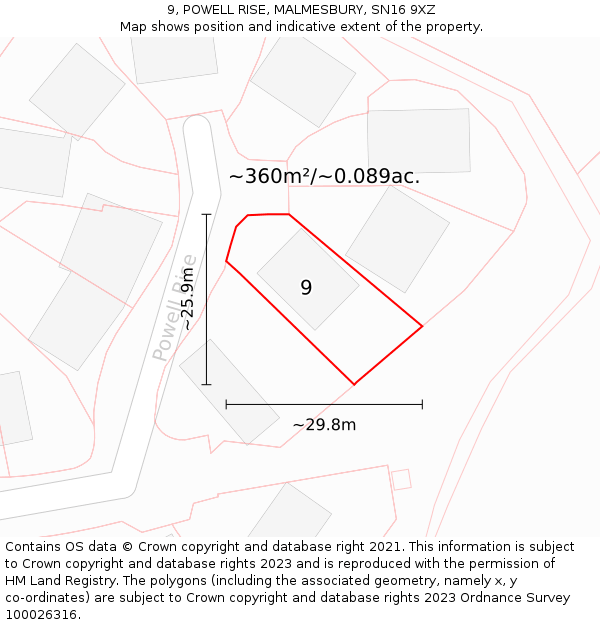 9, POWELL RISE, MALMESBURY, SN16 9XZ: Plot and title map