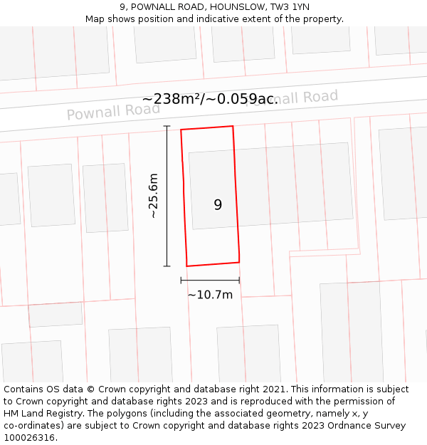 9, POWNALL ROAD, HOUNSLOW, TW3 1YN: Plot and title map