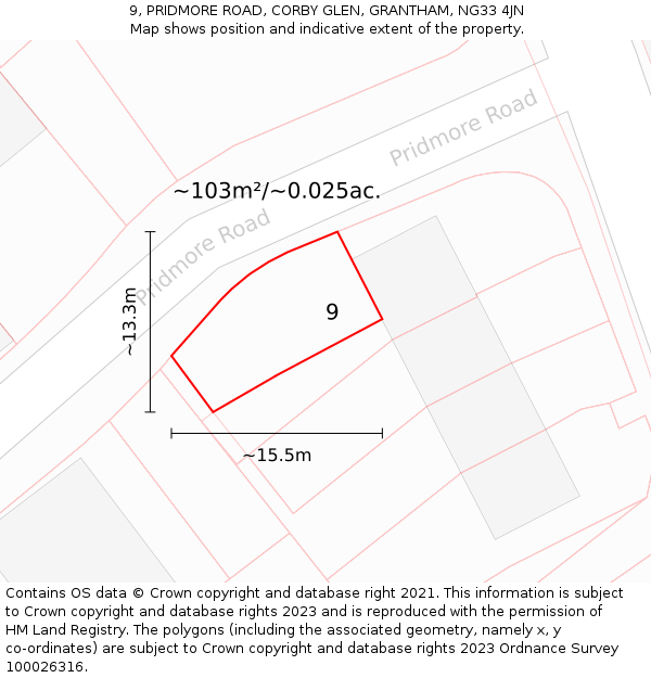 9, PRIDMORE ROAD, CORBY GLEN, GRANTHAM, NG33 4JN: Plot and title map