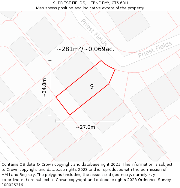 9, PRIEST FIELDS, HERNE BAY, CT6 6RH: Plot and title map