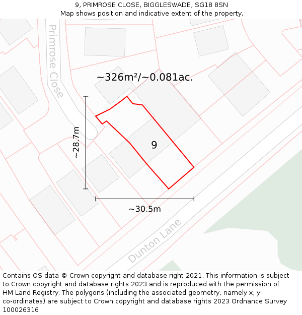 9, PRIMROSE CLOSE, BIGGLESWADE, SG18 8SN: Plot and title map