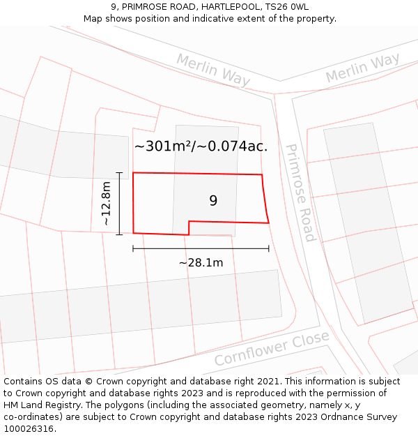 9, PRIMROSE ROAD, HARTLEPOOL, TS26 0WL: Plot and title map