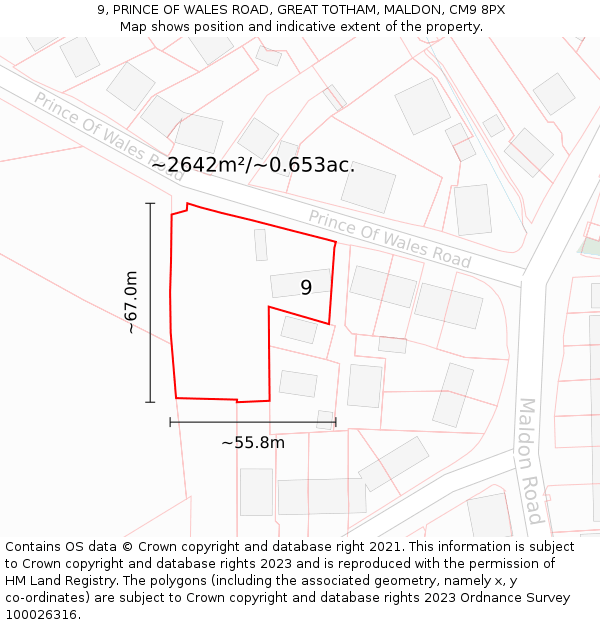 9, PRINCE OF WALES ROAD, GREAT TOTHAM, MALDON, CM9 8PX: Plot and title map