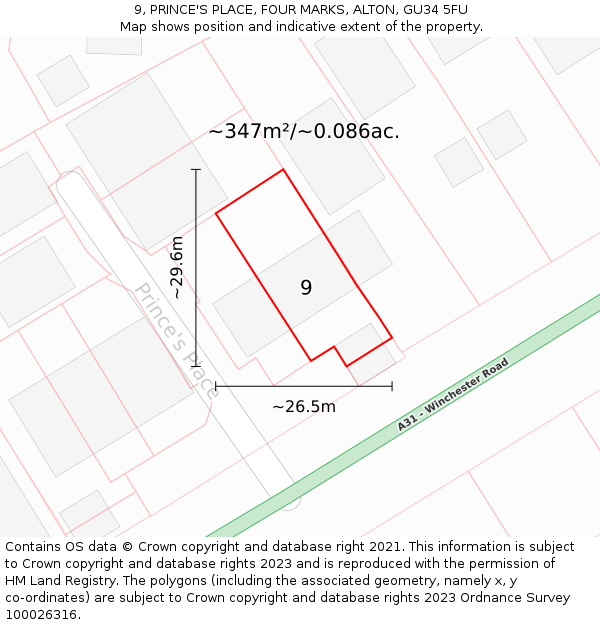 9, PRINCE'S PLACE, FOUR MARKS, ALTON, GU34 5FU: Plot and title map