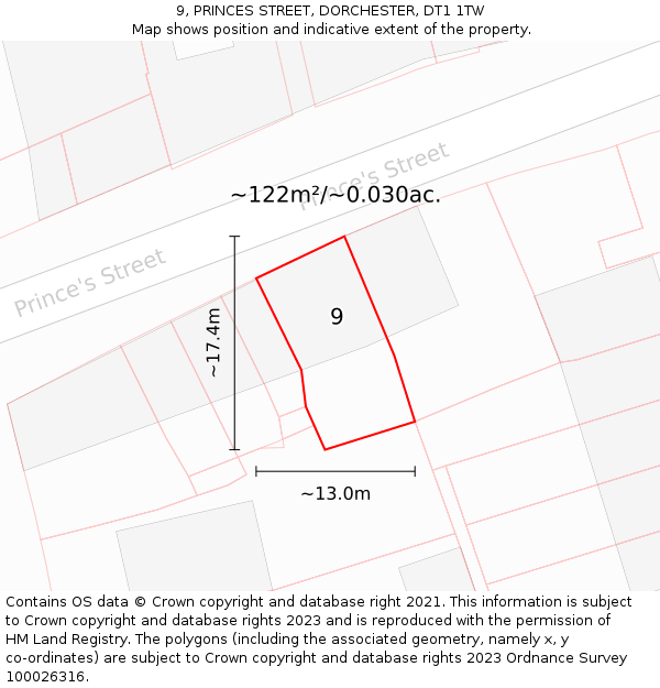 9, PRINCES STREET, DORCHESTER, DT1 1TW: Plot and title map