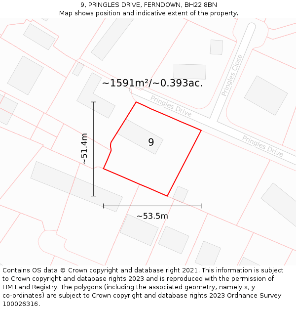 9, PRINGLES DRIVE, FERNDOWN, BH22 8BN: Plot and title map