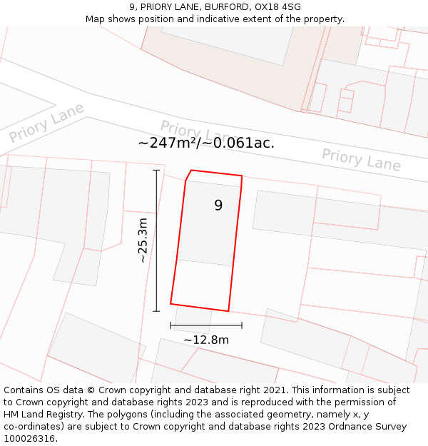 9, PRIORY LANE, BURFORD, OX18 4SG: Plot and title map