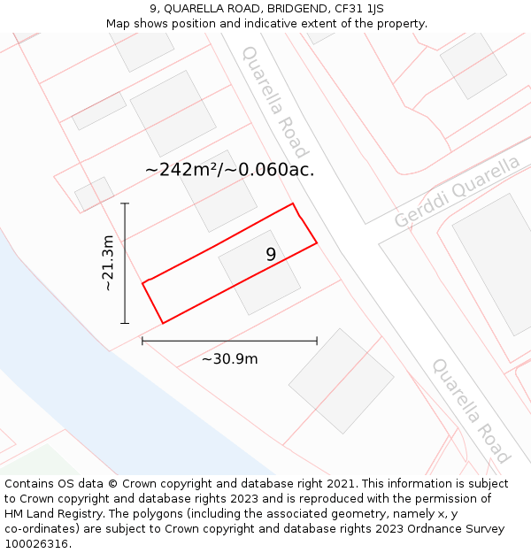 9, QUARELLA ROAD, BRIDGEND, CF31 1JS: Plot and title map