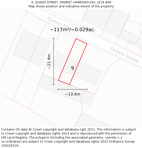 9, QUEEN STREET, MARKET HARBOROUGH, LE16 8AR: Plot and title map