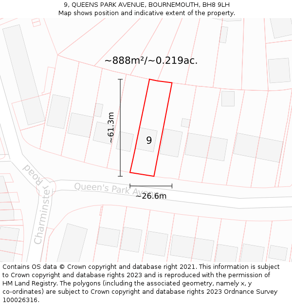 9, QUEENS PARK AVENUE, BOURNEMOUTH, BH8 9LH: Plot and title map