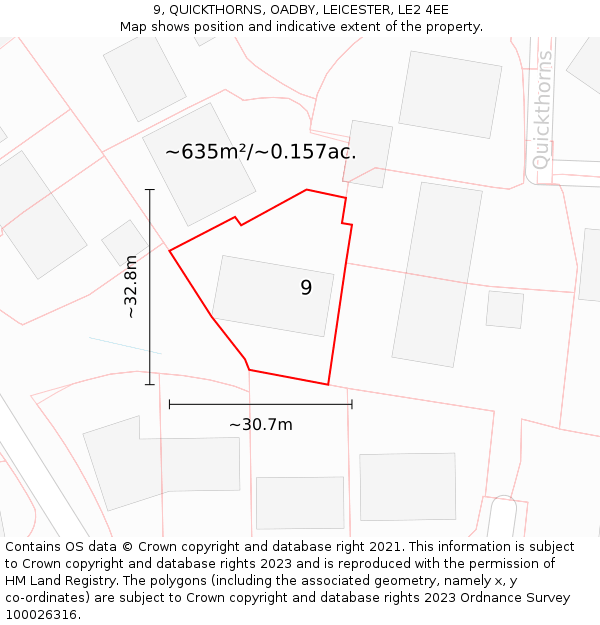 9, QUICKTHORNS, OADBY, LEICESTER, LE2 4EE: Plot and title map