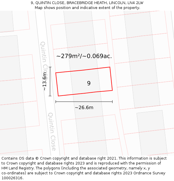 9, QUINTIN CLOSE, BRACEBRIDGE HEATH, LINCOLN, LN4 2LW: Plot and title map