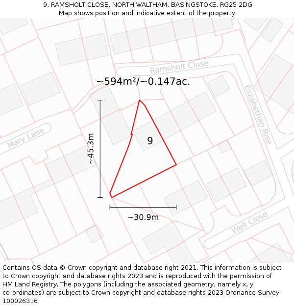 9, RAMSHOLT CLOSE, NORTH WALTHAM, BASINGSTOKE, RG25 2DG: Plot and title map