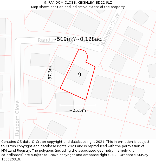 9, RANDOM CLOSE, KEIGHLEY, BD22 6LZ: Plot and title map