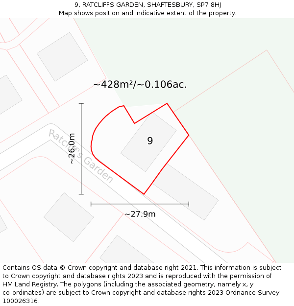 9, RATCLIFFS GARDEN, SHAFTESBURY, SP7 8HJ: Plot and title map