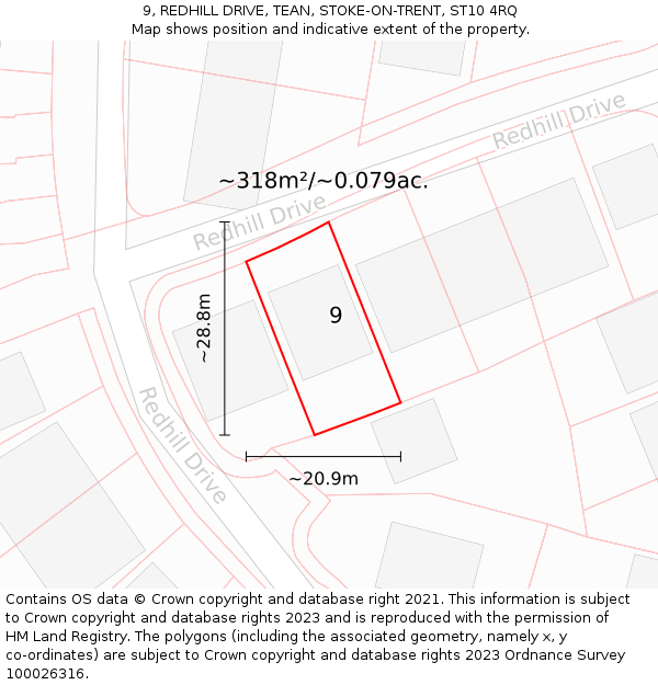 9, REDHILL DRIVE, TEAN, STOKE-ON-TRENT, ST10 4RQ: Plot and title map