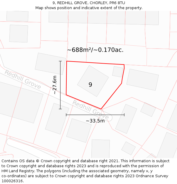 9, REDHILL GROVE, CHORLEY, PR6 8TU: Plot and title map