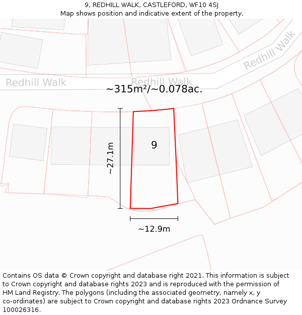 9, REDHILL WALK, CASTLEFORD, WF10 4SJ: Plot and title map