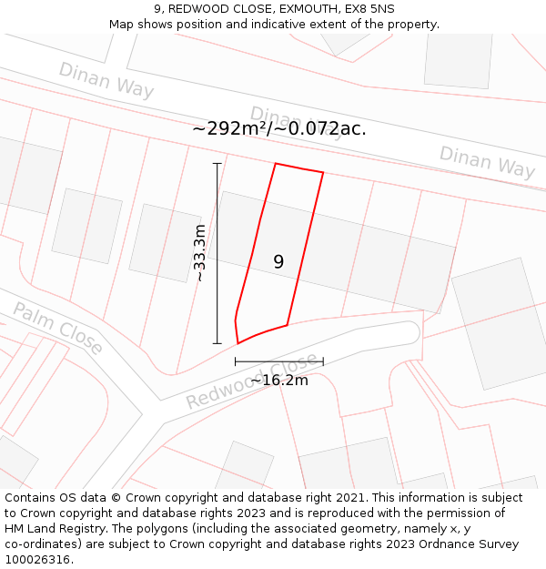 9, REDWOOD CLOSE, EXMOUTH, EX8 5NS: Plot and title map