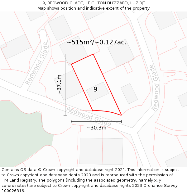 9, REDWOOD GLADE, LEIGHTON BUZZARD, LU7 3JT: Plot and title map