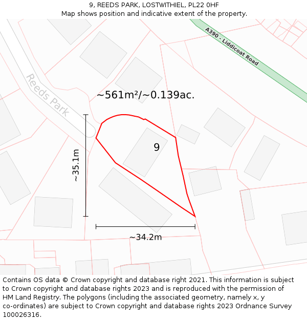 9, REEDS PARK, LOSTWITHIEL, PL22 0HF: Plot and title map