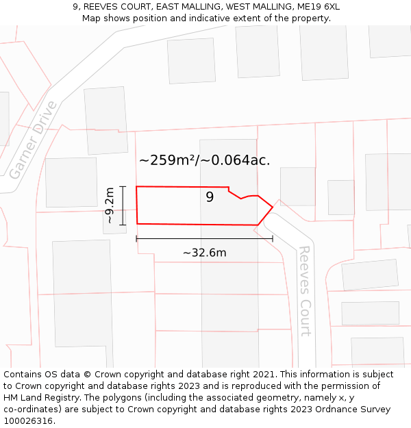 9, REEVES COURT, EAST MALLING, WEST MALLING, ME19 6XL: Plot and title map