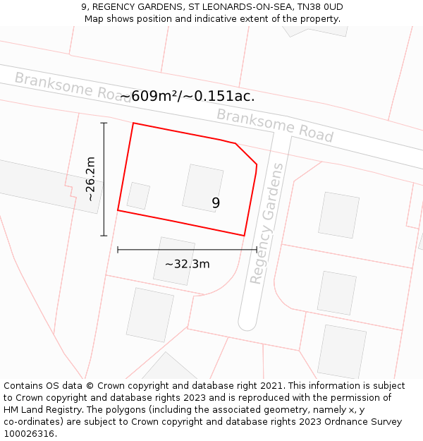 9, REGENCY GARDENS, ST LEONARDS-ON-SEA, TN38 0UD: Plot and title map