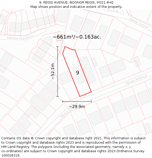 9, REGIS AVENUE, BOGNOR REGIS, PO21 4HQ: Plot and title map