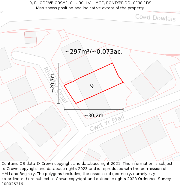 9, RHODFA'R ORSAF, CHURCH VILLAGE, PONTYPRIDD, CF38 1BS: Plot and title map