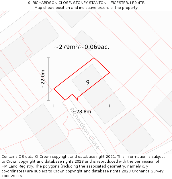 9, RICHARDSON CLOSE, STONEY STANTON, LEICESTER, LE9 4TR: Plot and title map