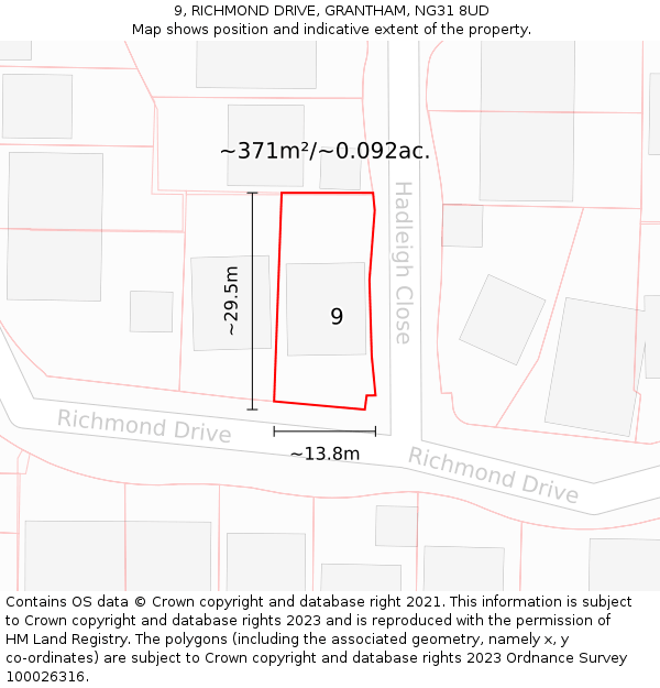 9, RICHMOND DRIVE, GRANTHAM, NG31 8UD: Plot and title map