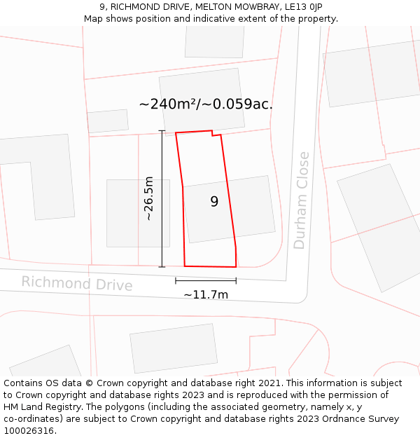 9, RICHMOND DRIVE, MELTON MOWBRAY, LE13 0JP: Plot and title map