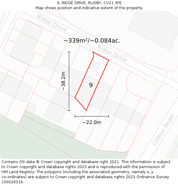 9, RIDGE DRIVE, RUGBY, CV21 3FE: Plot and title map