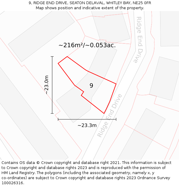 9, RIDGE END DRIVE, SEATON DELAVAL, WHITLEY BAY, NE25 0FR: Plot and title map