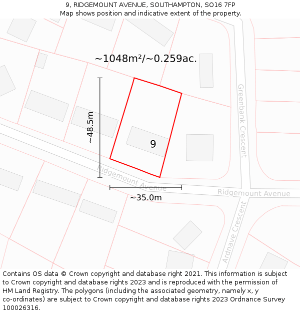 9, RIDGEMOUNT AVENUE, SOUTHAMPTON, SO16 7FP: Plot and title map