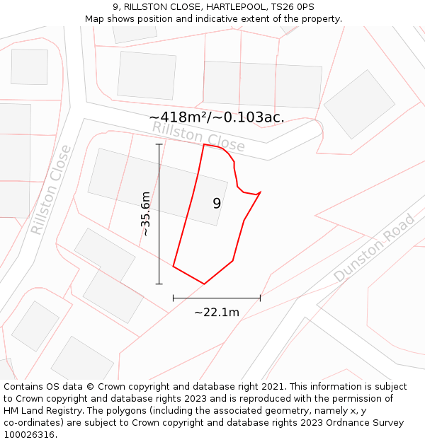 9, RILLSTON CLOSE, HARTLEPOOL, TS26 0PS: Plot and title map